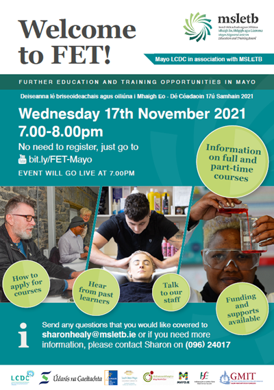 Tune in Tonight Wednesday November 17th - Webinar on further education and training opportunities in Mayo